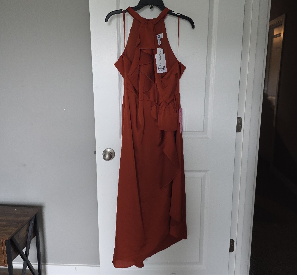 Badgley Mischka Rust Halter Ruffle High-Low Gown - Picture 5 of 16